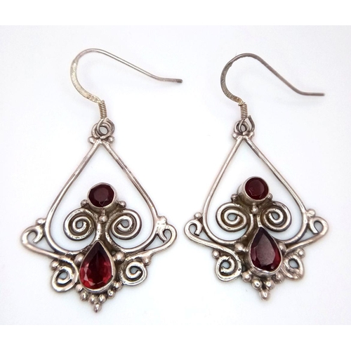 1177 - A Pair of Art Deco Style Garnet and Silver Earrings. 3.5cm