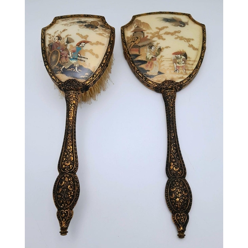 1181 - Two Piece Vintage Japanese Hand Painted Brush and Mirror. 30cm and 27cm. 19037