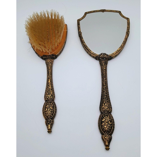 1181 - Two Piece Vintage Japanese Hand Painted Brush and Mirror. 30cm and 27cm. 19037