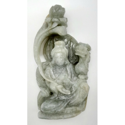 122 - A Vintage, Possibly Antique Chine Green Jade Hand-Carved Figure of Guanyin and Dragon. Beautifully c... 