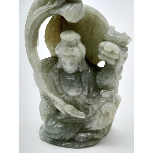 122 - A Vintage, Possibly Antique Chine Green Jade Hand-Carved Figure of Guanyin and Dragon. Beautifully c... 