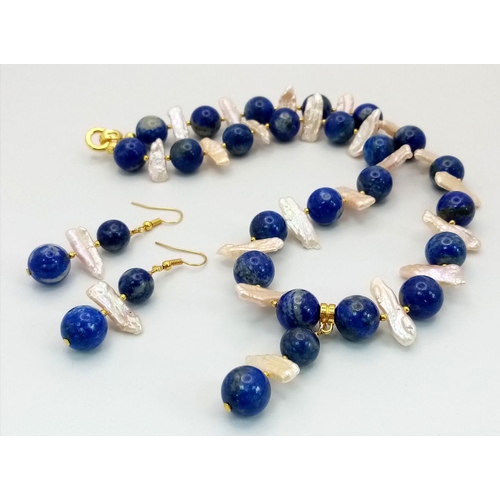 133 - An interesting and unique combination of lapis lazuli and elongate cultured pearls forming a necklac... 