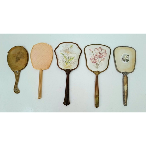 1436 - Five Beautiful Vintage Hand-Mirrors. A wide array of decoration including textile, hand-painting and... 