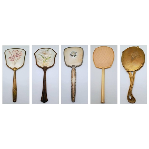 1436 - Five Beautiful Vintage Hand-Mirrors. A wide array of decoration including textile, hand-painting and... 