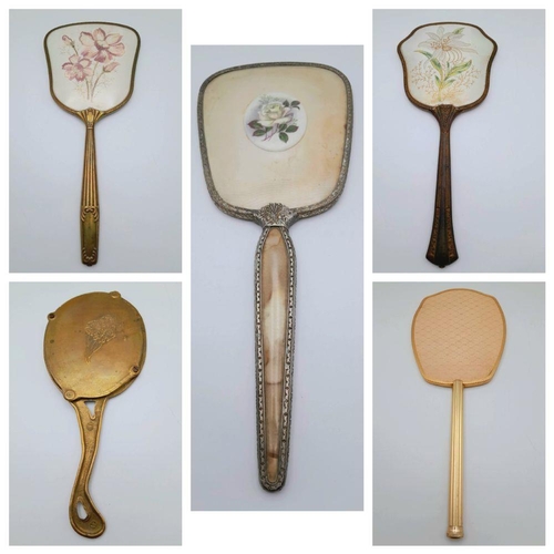 1436 - Five Beautiful Vintage Hand-Mirrors. A wide array of decoration including textile, hand-painting and... 