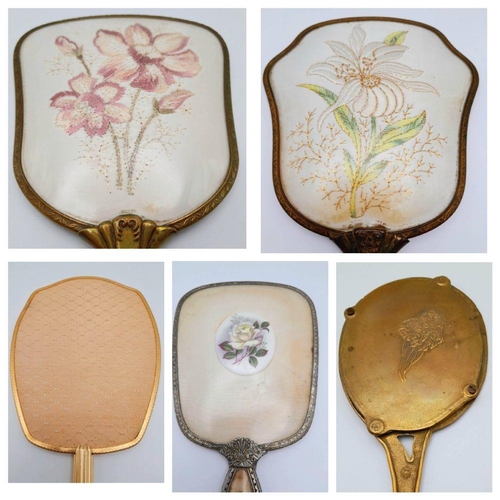 1436 - Five Beautiful Vintage Hand-Mirrors. A wide array of decoration including textile, hand-painting and... 