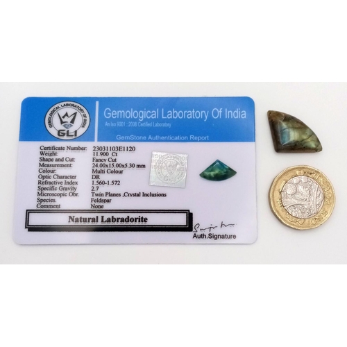 1491 - An 11.90 Ct Cabochon Labradorite Gemstone, Fancy Cut Shape, GLI Certified. VU105