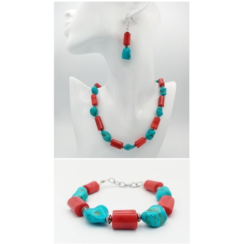 160 - A substantial, chunky red coral and turquoise nugget necklace, bracelet and earrings set. Necklace l... 