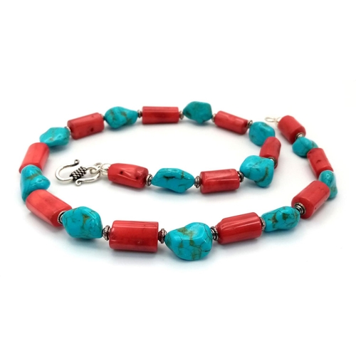 160 - A substantial, chunky red coral and turquoise nugget necklace, bracelet and earrings set. Necklace l... 