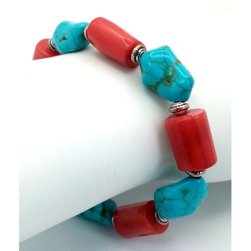 160 - A substantial, chunky red coral and turquoise nugget necklace, bracelet and earrings set. Necklace l... 