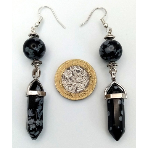 188 - A very desirable “Snowflake Obsidian” necklace and earrings set with pendant obelisks. Necklace leng... 