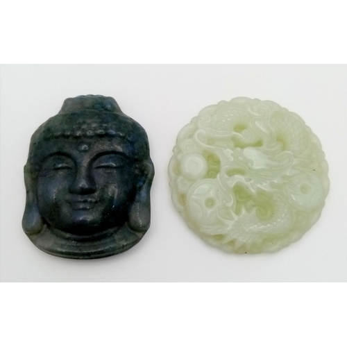 394 - Two Hand-Carved Chinese Jade Pendants. Circular dragon and Buddha head. 4cm.