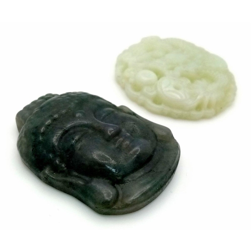 394 - Two Hand-Carved Chinese Jade Pendants. Circular dragon and Buddha head. 4cm.