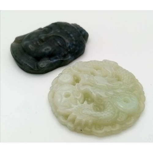 394 - Two Hand-Carved Chinese Jade Pendants. Circular dragon and Buddha head. 4cm.