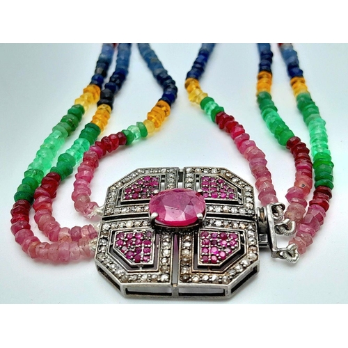 398 - A Three Row Multi-Sapphire Beaded Necklace. With a Ruby & Diamond encrusted clasp. Set in 925 Sterli... 