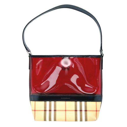 423 - A Burberry Funky Red Resin and Checked Cloth Handbag. 24cm length x 22cm height. Clip open design. C... 