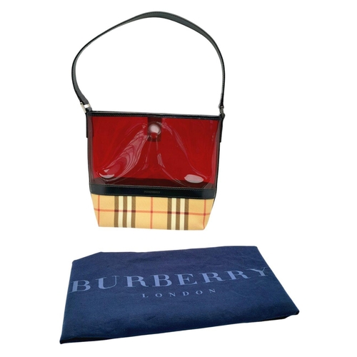 423 - A Burberry Funky Red Resin and Checked Cloth Handbag. 24cm length x 22cm height. Clip open design. C... 