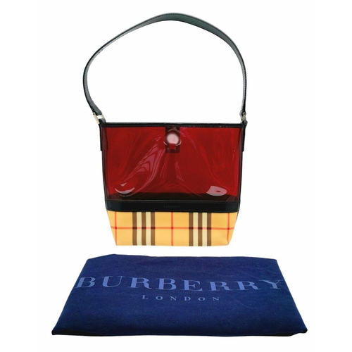 423 - A Burberry Funky Red Resin and Checked Cloth Handbag. 24cm length x 22cm height. Clip open design. C... 