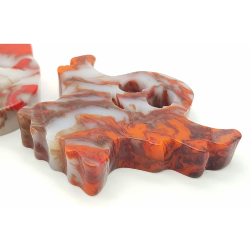 548 - Two Ghoulish Hand-Carved Red and White Coloured Agate Figures. Cheshire cat and ghost!  8 x 8cm.