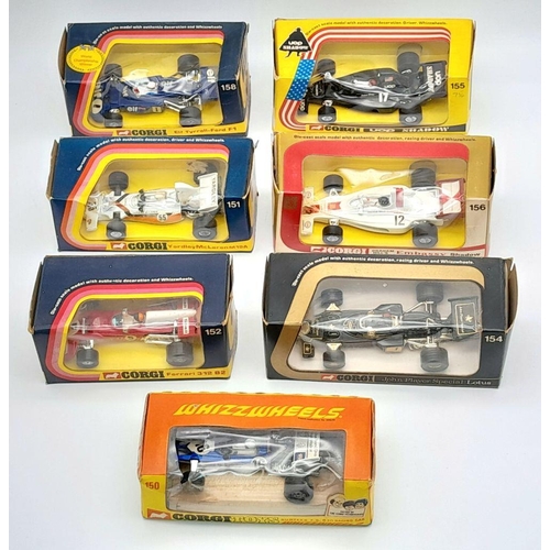 576 - Seven Vintage Corgi Cast Iron Racing Cars. All in original boxes - as new. Please see photos for fin... 