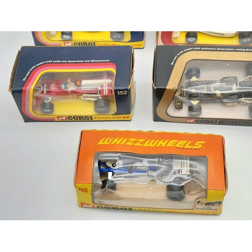 576 - Seven Vintage Corgi Cast Iron Racing Cars. All in original boxes - as new. Please see photos for fin... 