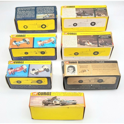 576 - Seven Vintage Corgi Cast Iron Racing Cars. All in original boxes - as new. Please see photos for fin... 