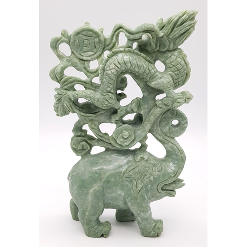 660 - A Vintage Chinese Green Jade Carved Figure - Elephant, Foo Dog and Dragon in Perfect Harmony. Comes ... 