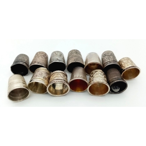 906 - A Collection of 13 Thimbles. 12 sterling silver and 1 white metal.