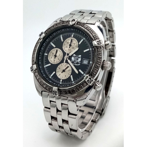 1446 - An Aston Gerrard Quartz Chronograph Watch. Stainless steel bracelet and case - 38mm. Black dial with... 