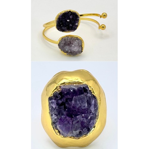 1373 - A very unusual, lavishly gold-plated bangle and matching ring with large, natural, Amethyst crystal ... 