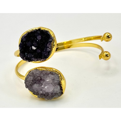 1373 - A very unusual, lavishly gold-plated bangle and matching ring with large, natural, Amethyst crystal ... 