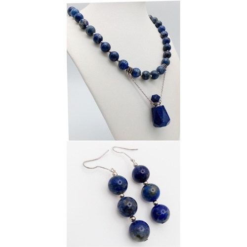 1394 - A fabulous lapis lazuli necklace with a rare perfume bottle pendant and assorted earrings in a prese... 