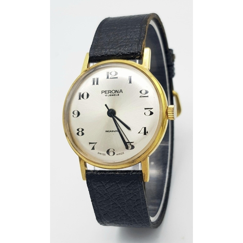 1420 - A Vintage Swiss 17 Jewel Manual Wind Watch by Perona. Very Good Condition and Working Order.- 34mm C... 