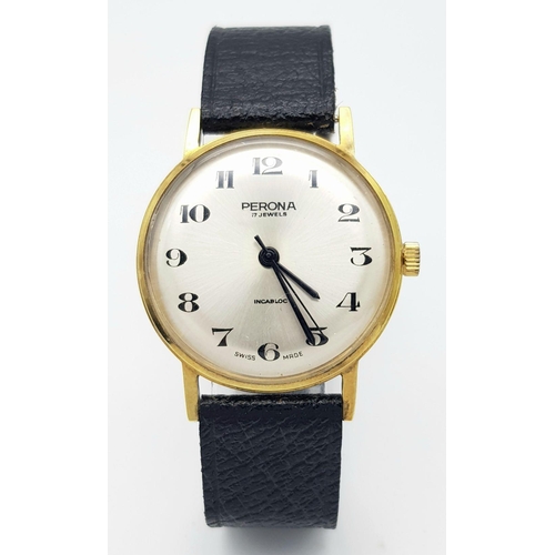 1420 - A Vintage Swiss 17 Jewel Manual Wind Watch by Perona. Very Good Condition and Working Order.- 34mm C... 