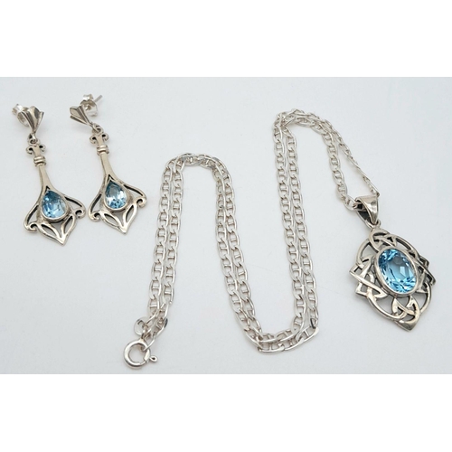 1462 - A Superb Celtic Design, Sterling Silver, Blue Topaz Necklace and Matching Earrings Set by the Renown... 