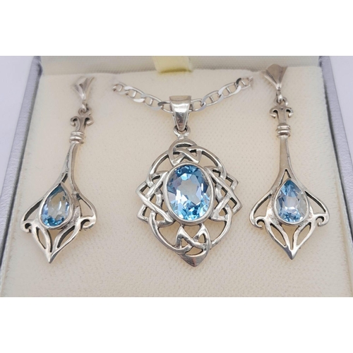 1462 - A Superb Celtic Design, Sterling Silver, Blue Topaz Necklace and Matching Earrings Set by the Renown... 