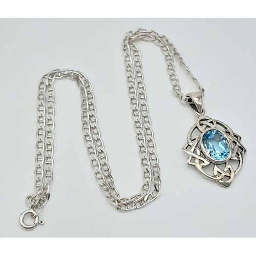 1462 - A Superb Celtic Design, Sterling Silver, Blue Topaz Necklace and Matching Earrings Set by the Renown... 