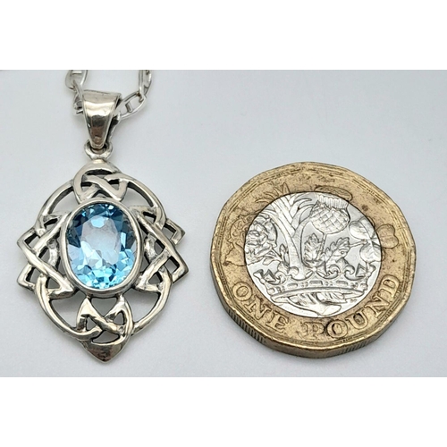 1462 - A Superb Celtic Design, Sterling Silver, Blue Topaz Necklace and Matching Earrings Set by the Renown... 