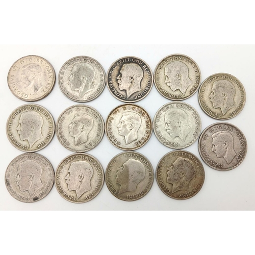 1385 - A Parcel of 14 Pre-1947 Silver Two Shilling and Florin Coins. Dates from 1921 to 1946. 154.77 Grams.