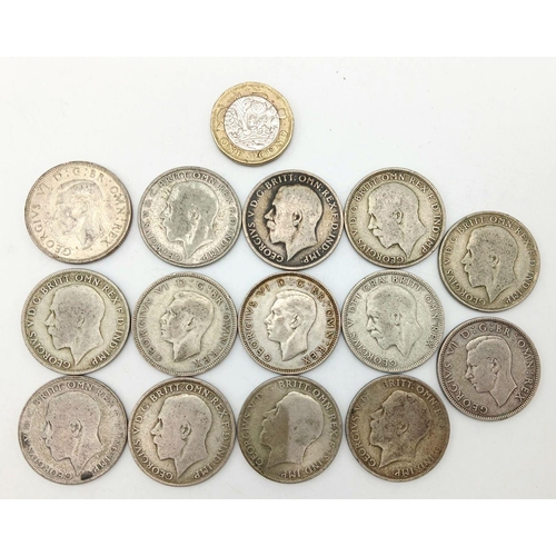 1385 - A Parcel of 14 Pre-1947 Silver Two Shilling and Florin Coins. Dates from 1921 to 1946. 154.77 Grams.