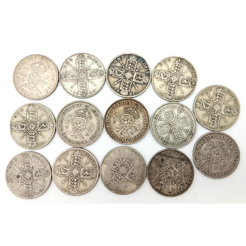 1385 - A Parcel of 14 Pre-1947 Silver Two Shilling and Florin Coins. Dates from 1921 to 1946. 154.77 Grams.