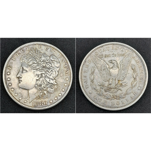 1378 - An Fine Condition (on the Sheldon Scale) 1880 Silver Morgan Dollar (900 Silver). 26.79 Grams. Philad... 