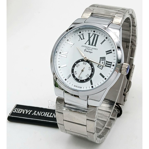 1448 - An Quartz Stainless Steel Watch by Anthony James, London. 40mm Case. Complete with Tag, Papers and B... 