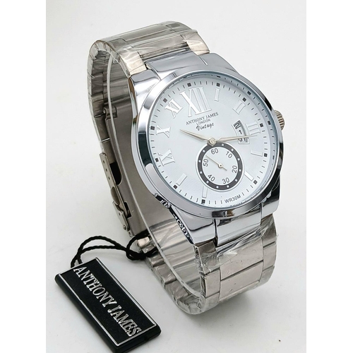 1448 - An Quartz Stainless Steel Watch by Anthony James, London. 40mm Case. Complete with Tag, Papers and B... 