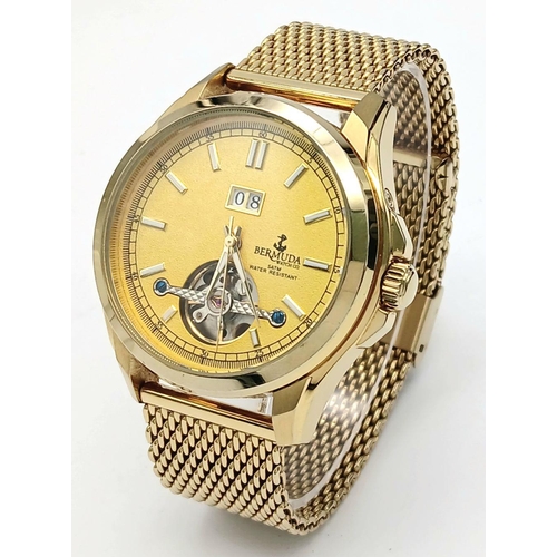 1238 - An Men’s Gold Tone, Open Heart, Skeleton Back Automatic Watch by The Bermuda Watch Company. Full Wor... 