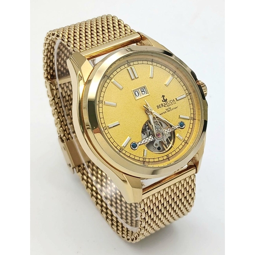 1238 - An Men’s Gold Tone, Open Heart, Skeleton Back Automatic Watch by The Bermuda Watch Company. Full Wor... 