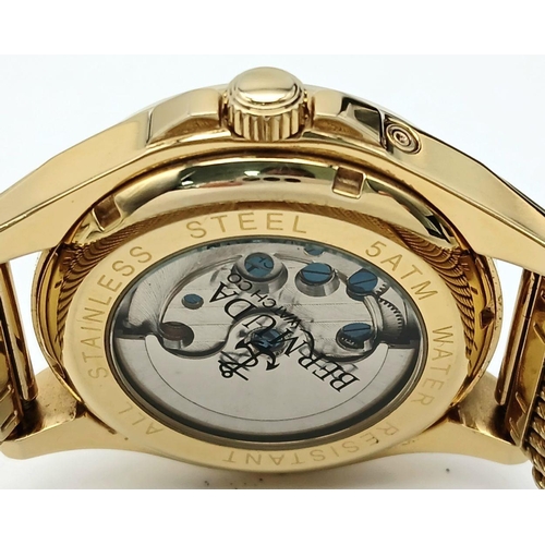 1238 - An Men’s Gold Tone, Open Heart, Skeleton Back Automatic Watch by The Bermuda Watch Company. Full Wor... 