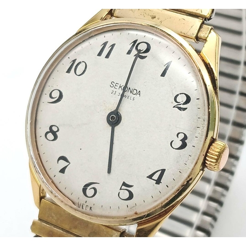 1294 - A Vintage Gold Tone Manual Wind Watch by Sekonda. 23 Jewel Movement-35mm Case. Good Working Order. F... 