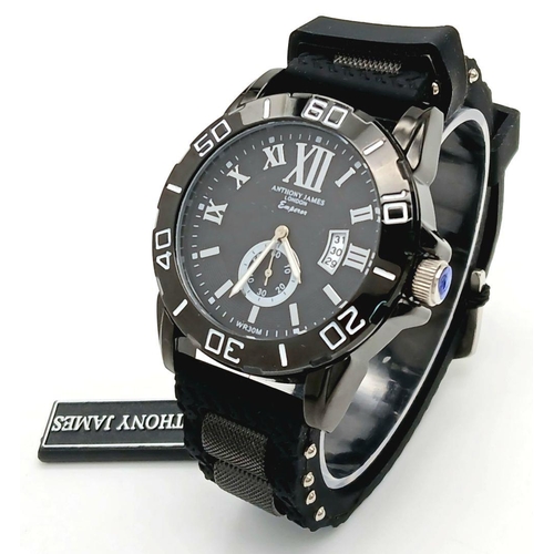 1287 - An Quartz Sports Watch by Anthony James, London. 45mm Case. Complete with Tag, Papers and Box. Worki... 