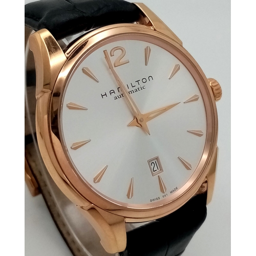 1494 - A Men’s Hamilton Gold Tone Automatic, Skeleton Back, Date Watch. Model H386450-42mm Case. Working Or... 